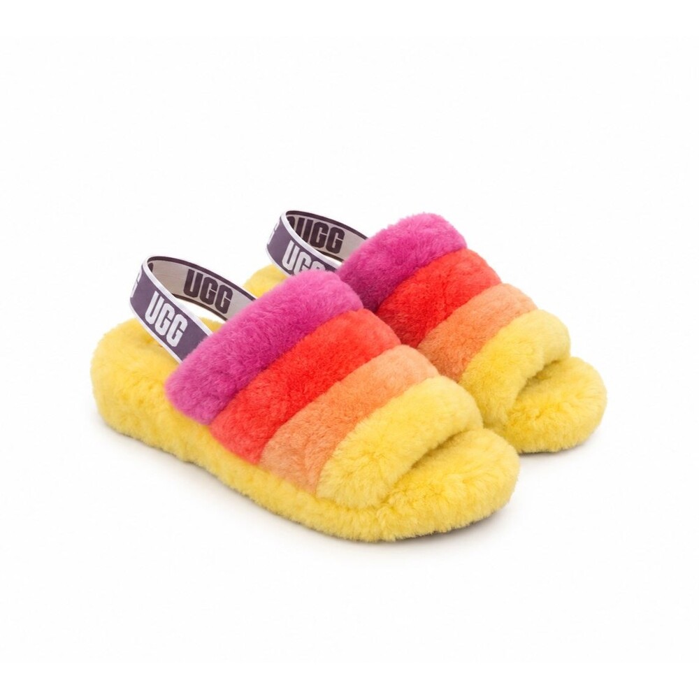 UGG Fluff Yeah Rainbow Sheepskin Slippers Fuzzy Slides Womens Size 11 Pride